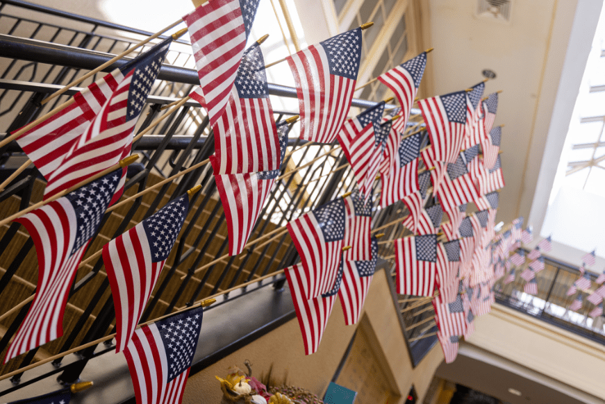 Hundreds of U.S. flags adorn ADT headquarters in Boca Raton, Florida, each year in honor of Veterans Day.